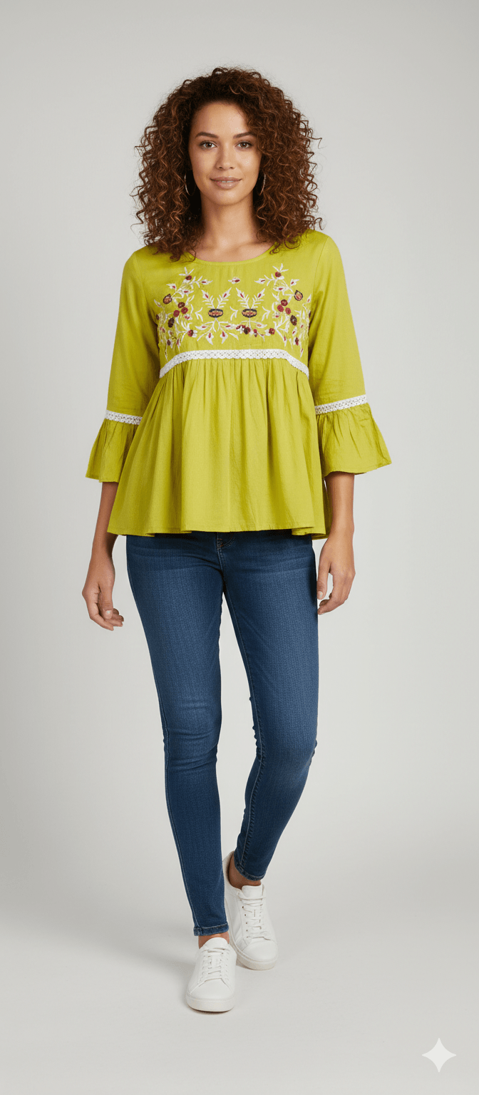 Lime Green Floral Embroidered Peplum Top with Bell Sleeves